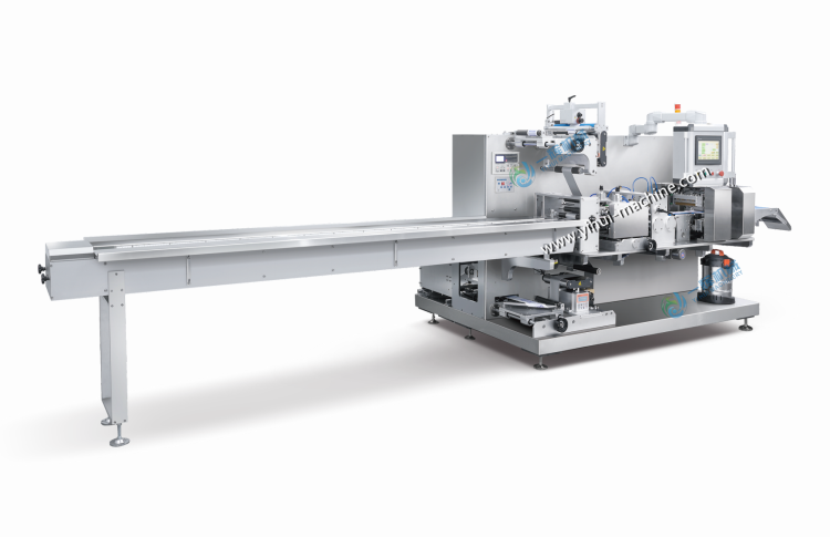 Model FS-400 Four Side Sealing Packaging Machine front view, industrial setting, metal frame