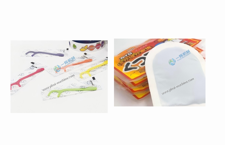 Example packaged products from TPAL-250 line, showing formed plastic trays with lids containing items like medical devices or small hardware parts